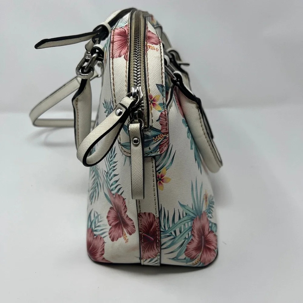 GUESS White Floral Tropical Hibiscus Dome Satchel Crossbody Bag‎ Silver Hardware